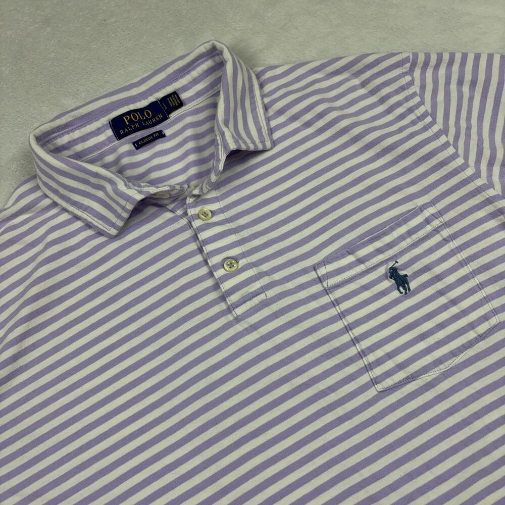 Polo Ralph Lauren Polo Shirt Mens L Purple Striped 100% Cotton Classic Fit